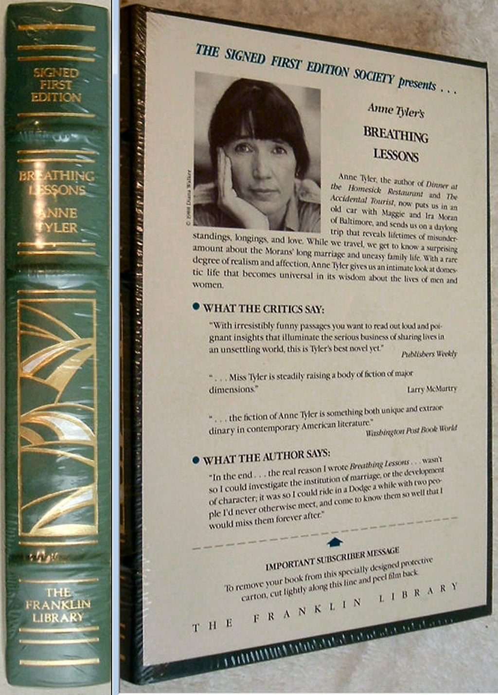 BREATHING LESSONS by Anne Tyler Franklin Library Signed First Edition 1988