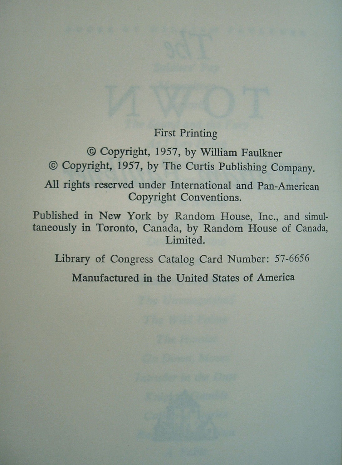 THE TOWN by William Faulkner A Random House Book Stated First Edition 1957