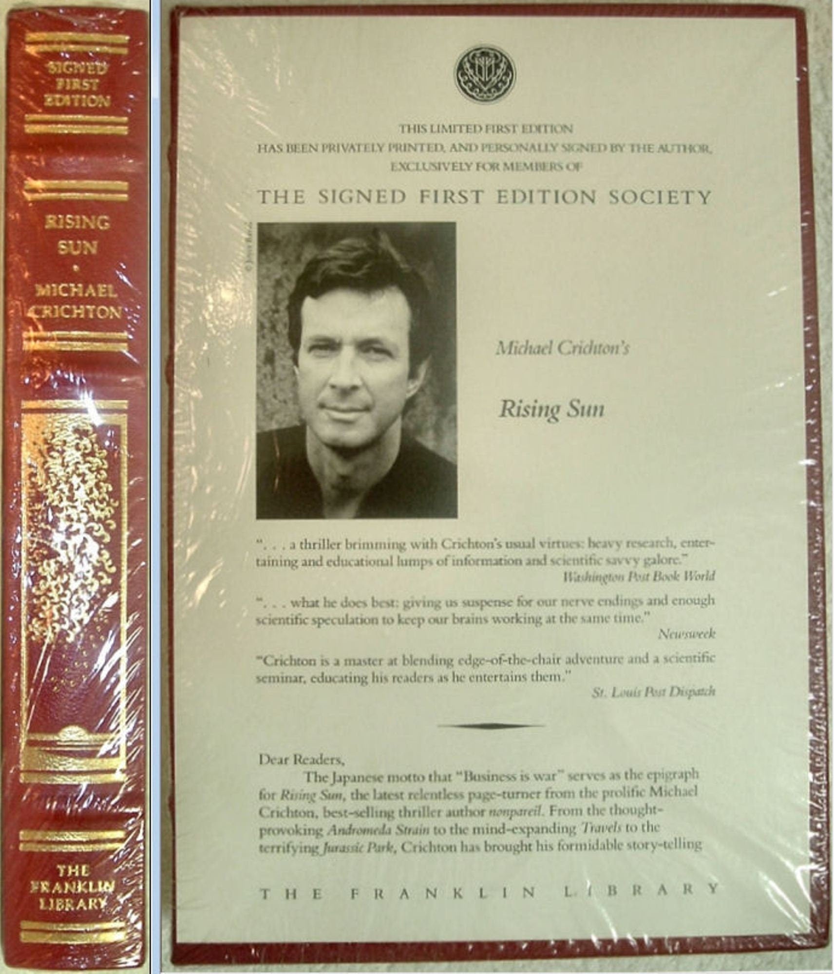 RISING SUN by Micheal Crichton Franklin Library Signed First Edition New 1992
