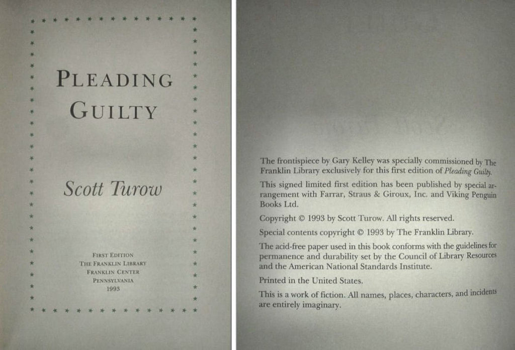 PLEADING GUILTY by Scott Turow Franklin Library Signed by Author First Edition 1993