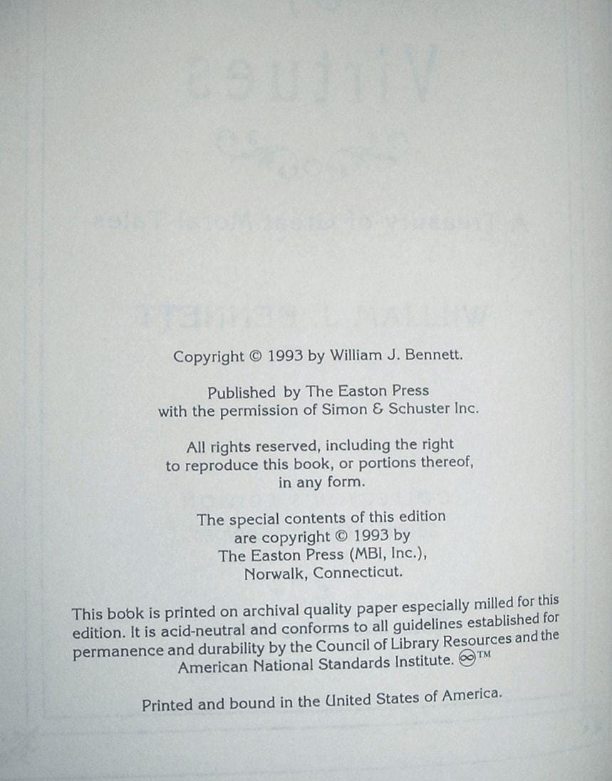 The Book of Virtues by William Bennett Easton Press As New 1993