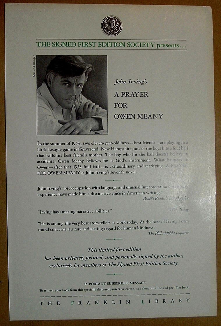 A Prayer For OWEN MEANY by John Irving  Franklin Library Signed First Edition New Sealed 1989