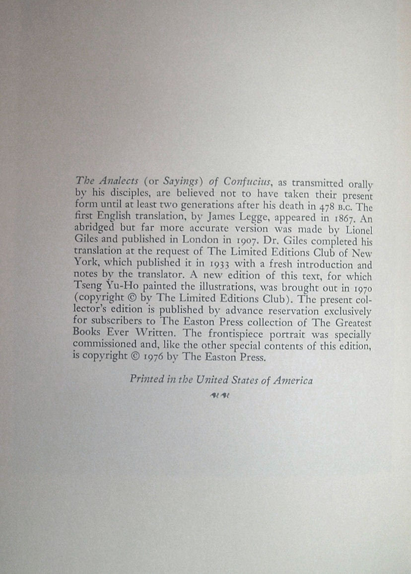 The ANALECTS Of CONFUCIUS Easton Press 100 Greatest Books Ever Series 1976