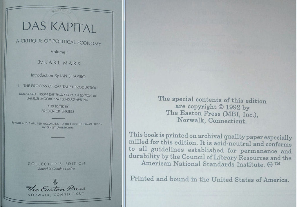 Das Kapital by Karl Marx: Easton Press Leather Collector's Edition, 2 Volume Set