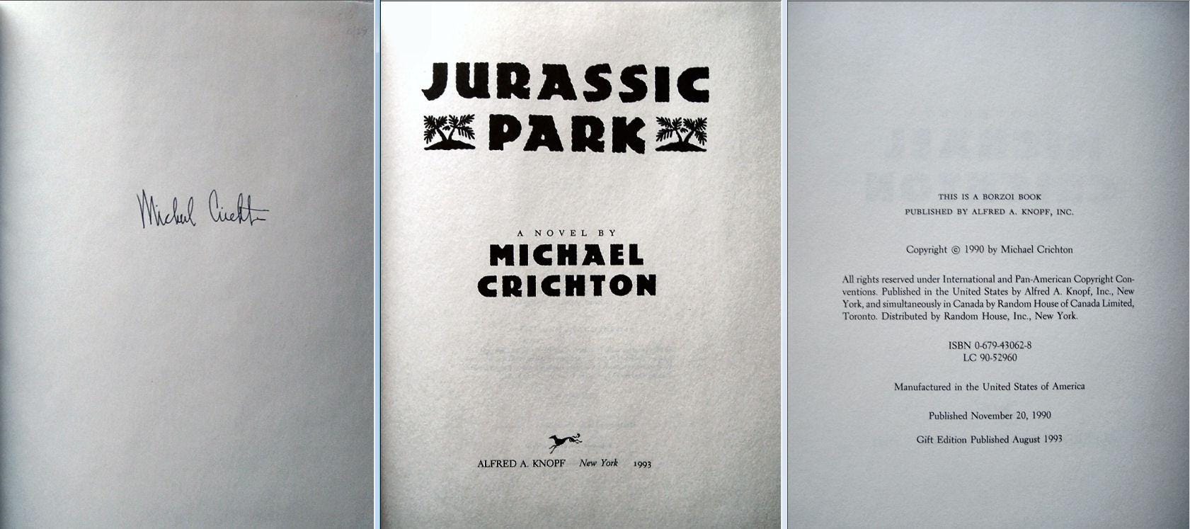JURASSIC PARK by Michael Crichton Knoff Publisher Signed Gift Edition 1993 Book