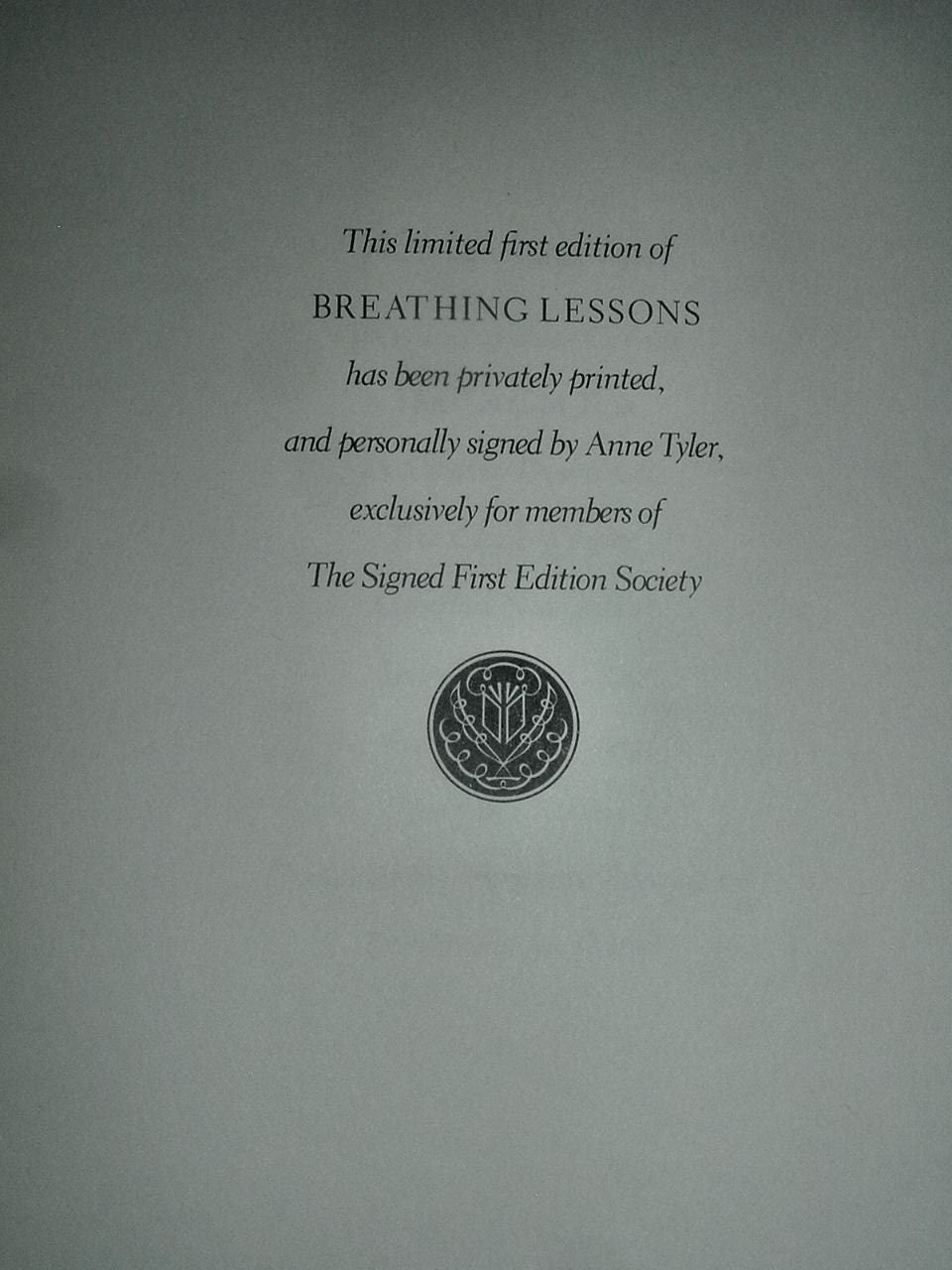 BREATHING LESSONS by Anne Tyler Franklin Library Signed First Edition 1988