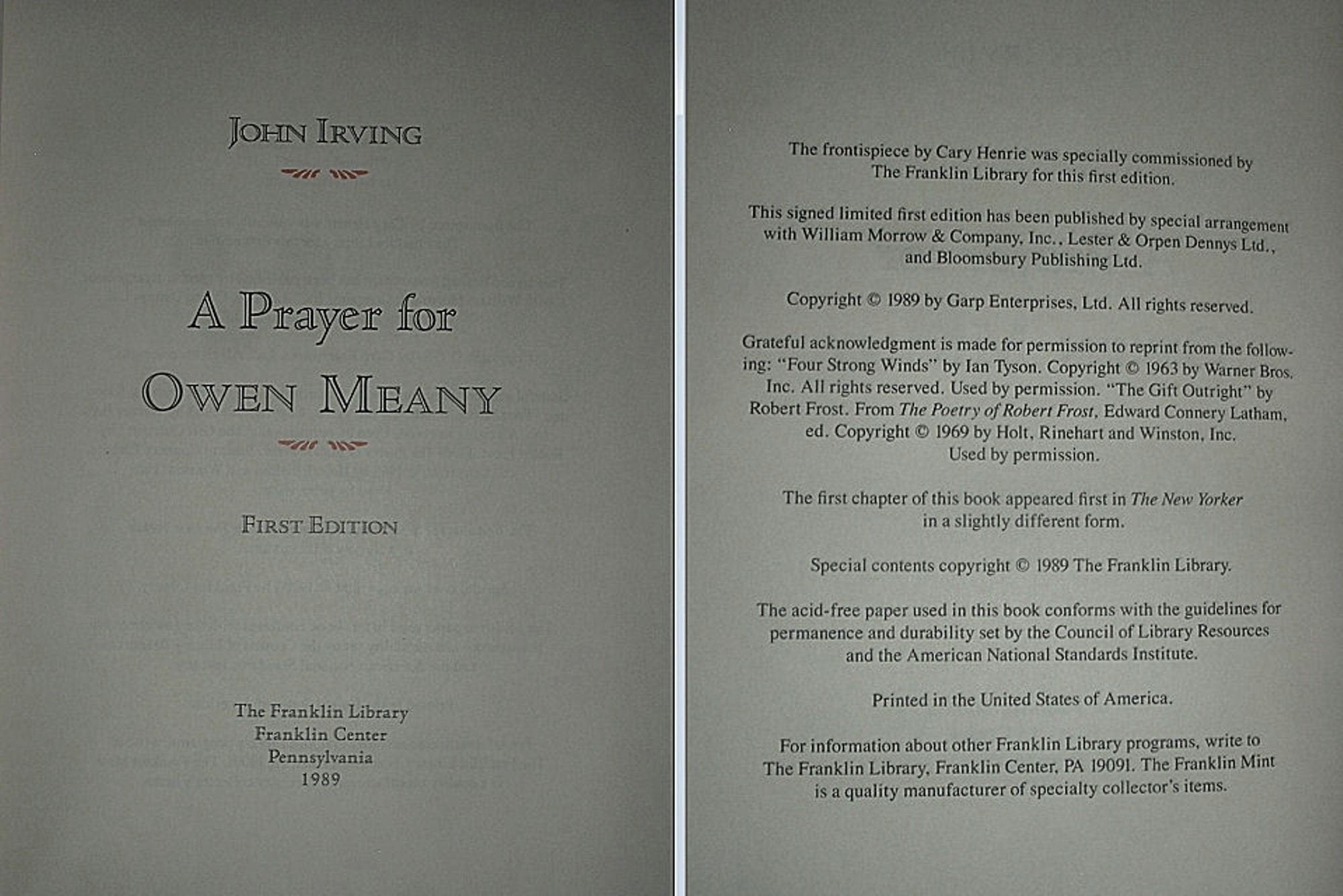 A Prayer For OWEN MEANY by John Irving  Franklin Library Signed First Edition 1989