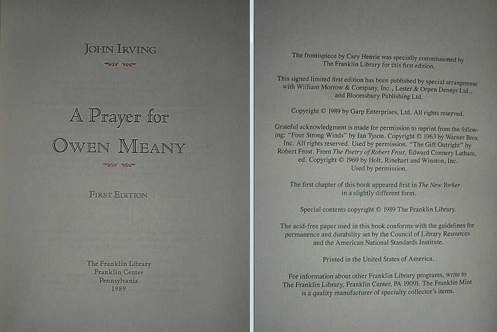 A Prayer For OWEN MEANY by John Irving  Franklin Library Signed First Edition New Sealed 1989