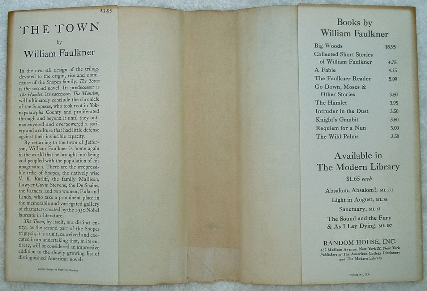 THE TOWN by William Faulkner A Random House Book Stated First Edition 1957
