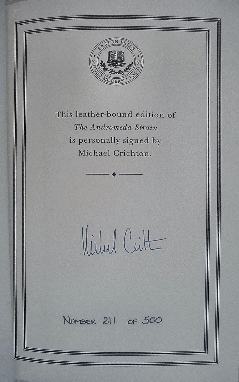 The ANDROMEDA STRAIN by Michael Crichton Easton Press Leather Signed 211 of Only 500