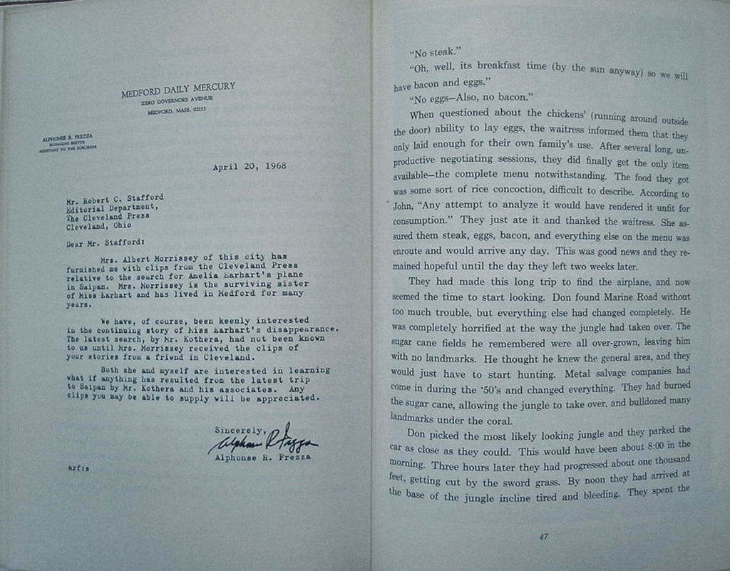 Amelia Earhart Returns From Saipan by Joe Davidson Signed First Edition 1969