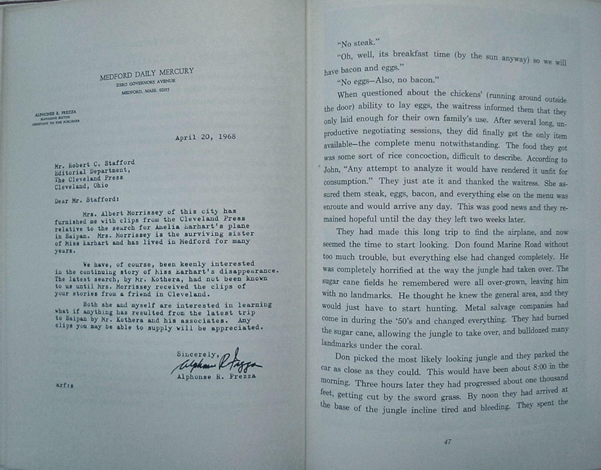 Amelia Earhart Returns From Saipan by Joe Davidson Signed First Edition 1969