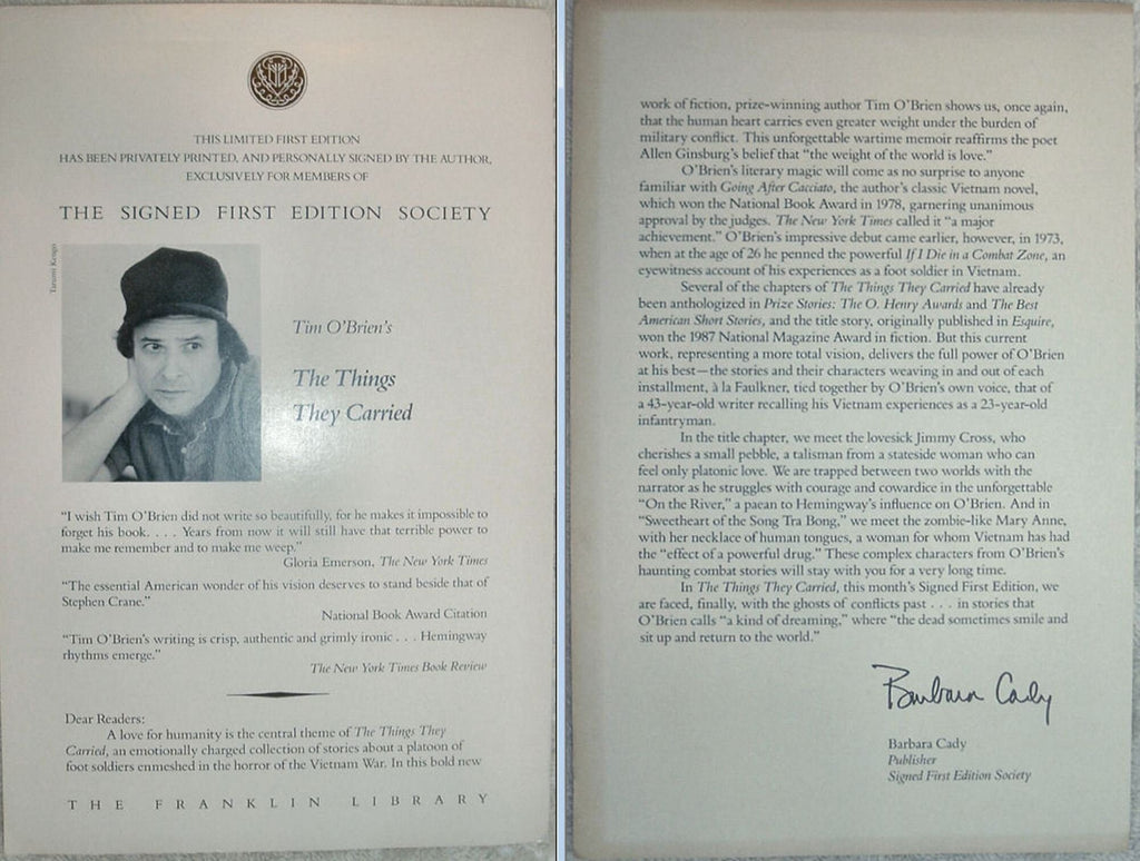 The THINGS THEY CARRIED by Tim Obrien Franklin Library Signed First Edition As New 1990