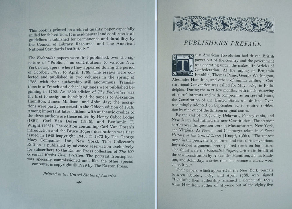 THE FEDERALIST 1787-88 by Hamilton and Madison Easton Press Leather As New 1979