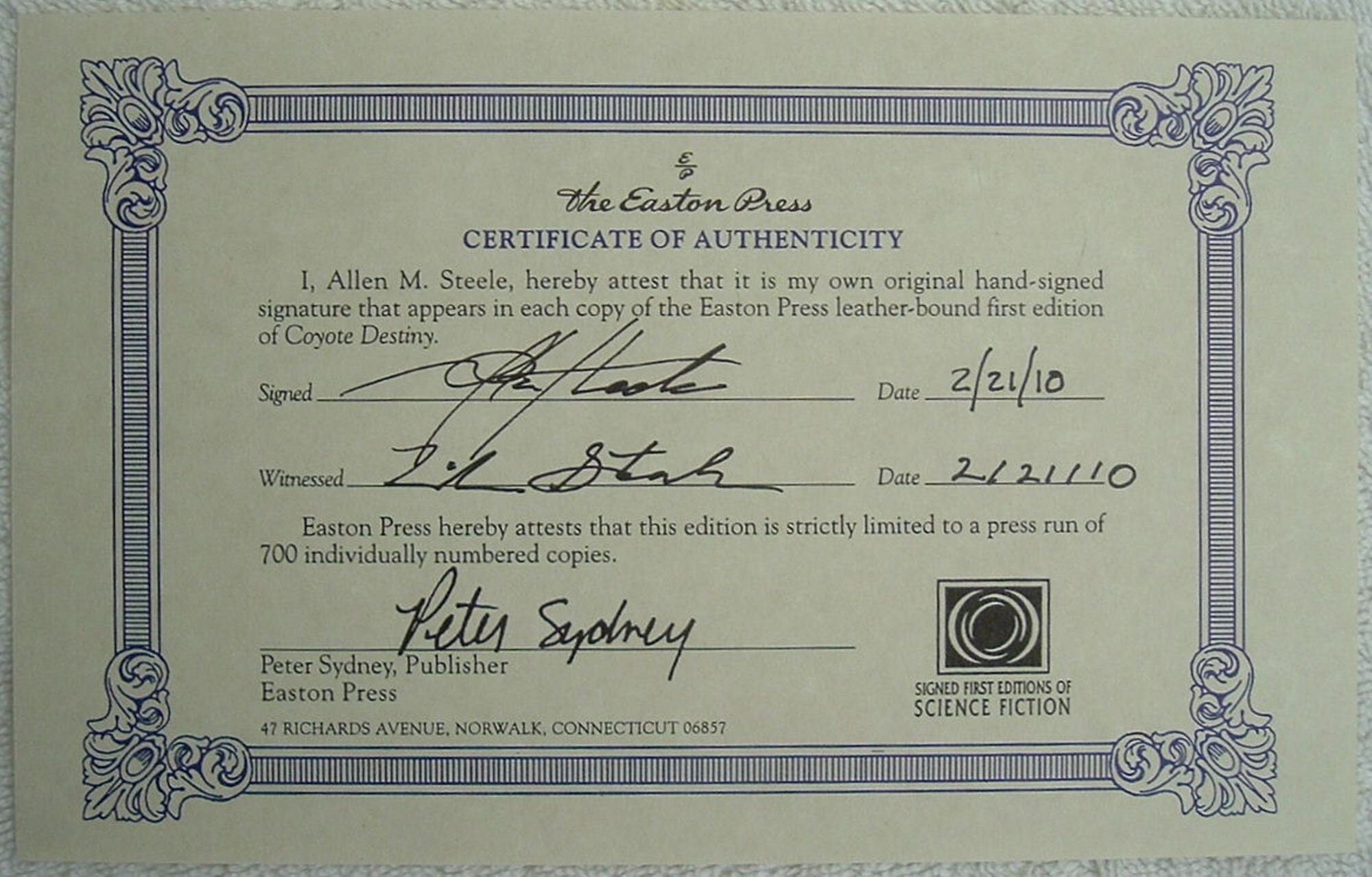 COYOTE DESTINY by Allen M Steele Easton Press Signed First Edition 2010