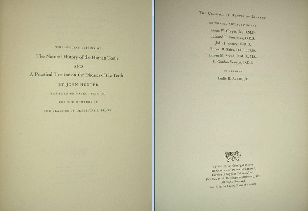 The Natural History of the Human Teeth by John Hunter Gryphon Editiions Full Leather 1979
