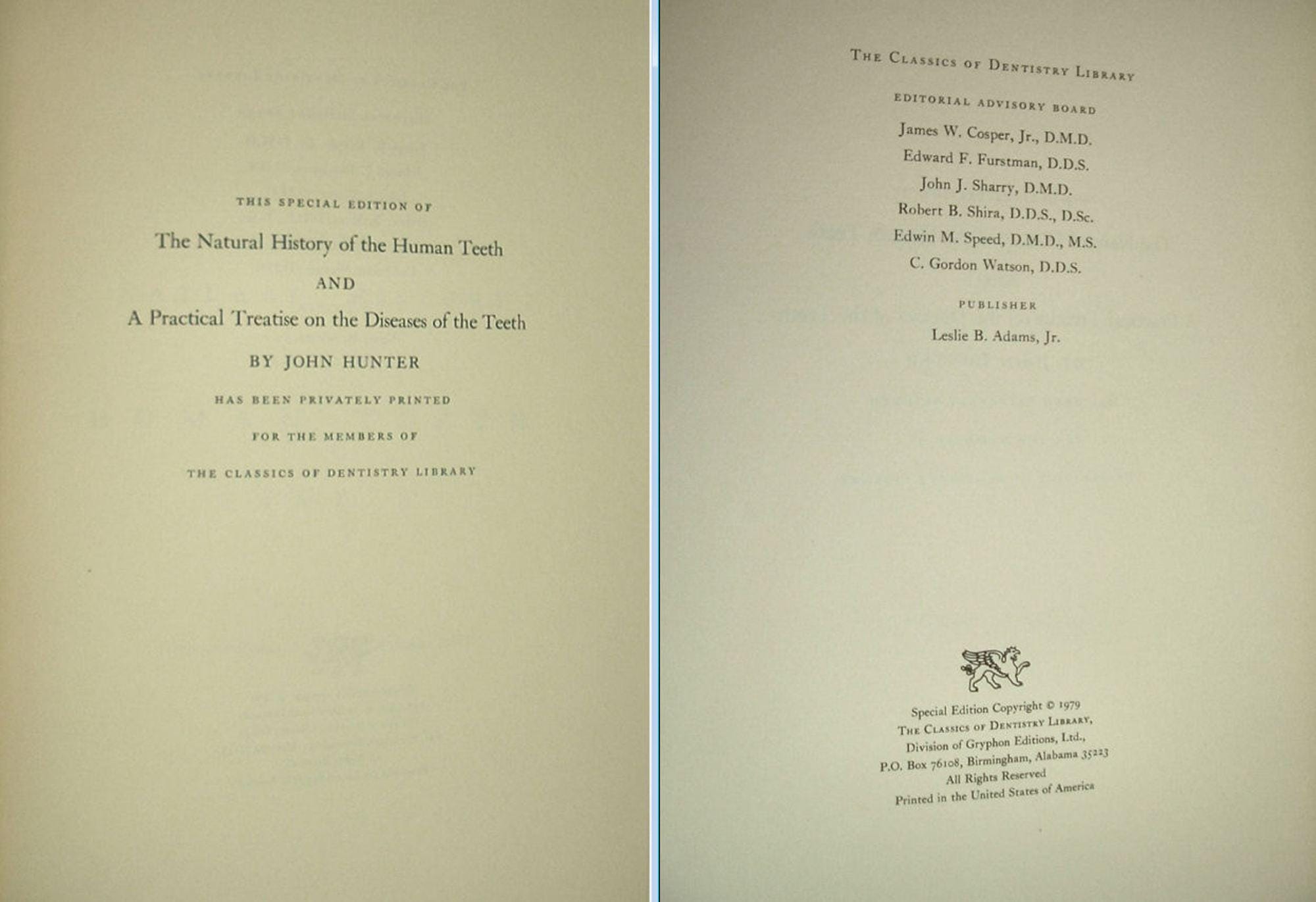 The Natural History of the Human Teeth by John Hunter Gryphon Editiions Full Leather 1979