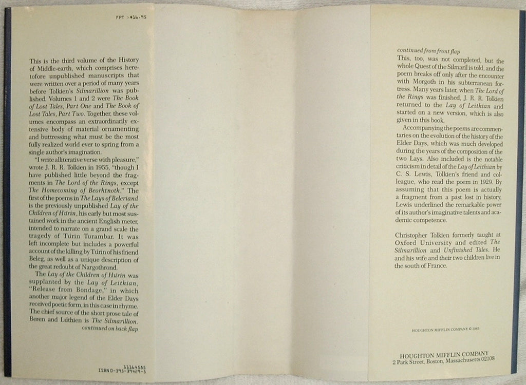 The LAYS of BELERIAND Volume III by J.R.R Tolkien True First Edition 1985