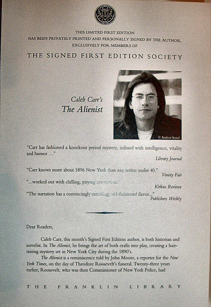 THE ALIENIST by Caleb Carr Franklin Library Signed First 1st Edition 1994